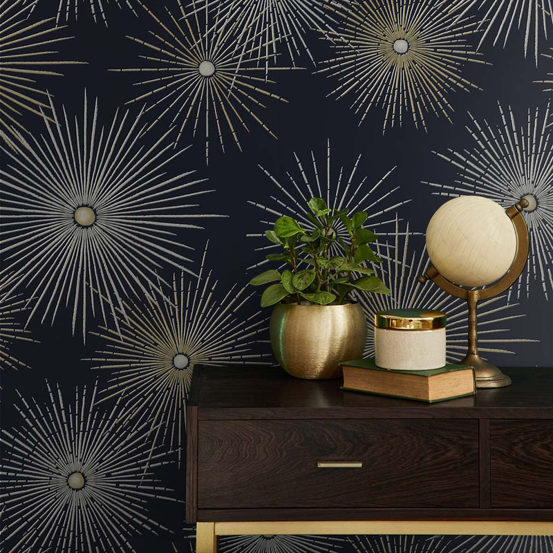 media image for Starburst Geo Midnight & Gold Peel-and-Stick Wallpaper by NextWall 245