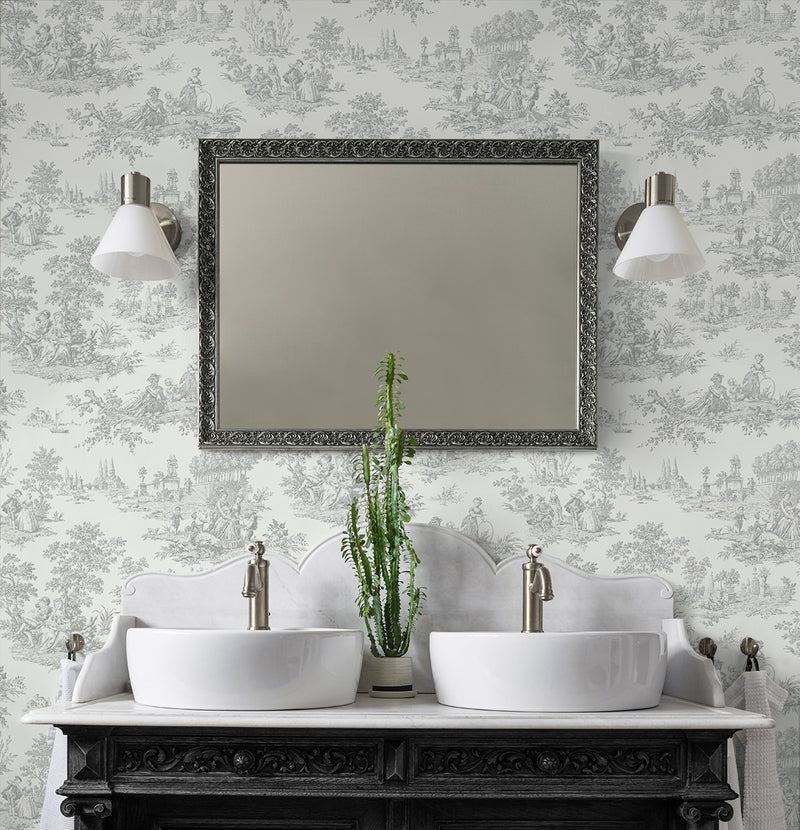 media image for Chateau Toile Peel-and-Stick Wallpaper in Argos Grey 230