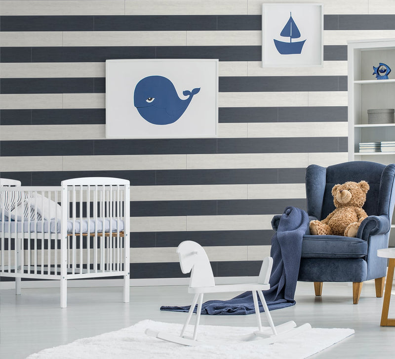 media image for Two Toned Shiplap Navy Blue Peel-and-Stick Wallpaper by NextWall 243