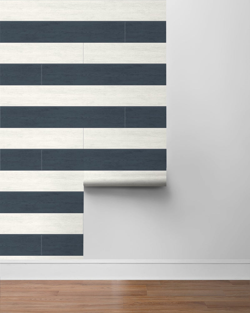 media image for Two Toned Shiplap Navy Blue Peel-and-Stick Wallpaper by NextWall 265