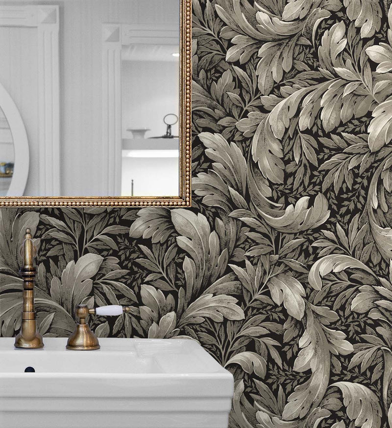 media image for Acanthus Trail Charcoal Peel-and-Stick Wallpaper by NextWall 240