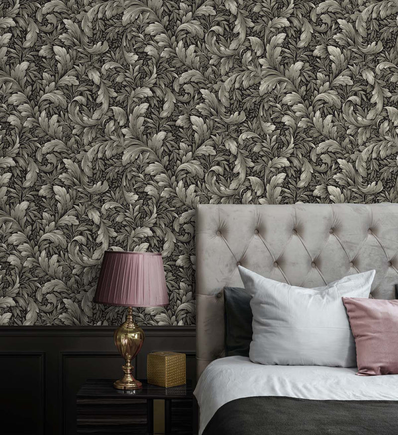 media image for Acanthus Trail Charcoal Peel-and-Stick Wallpaper by NextWall 248