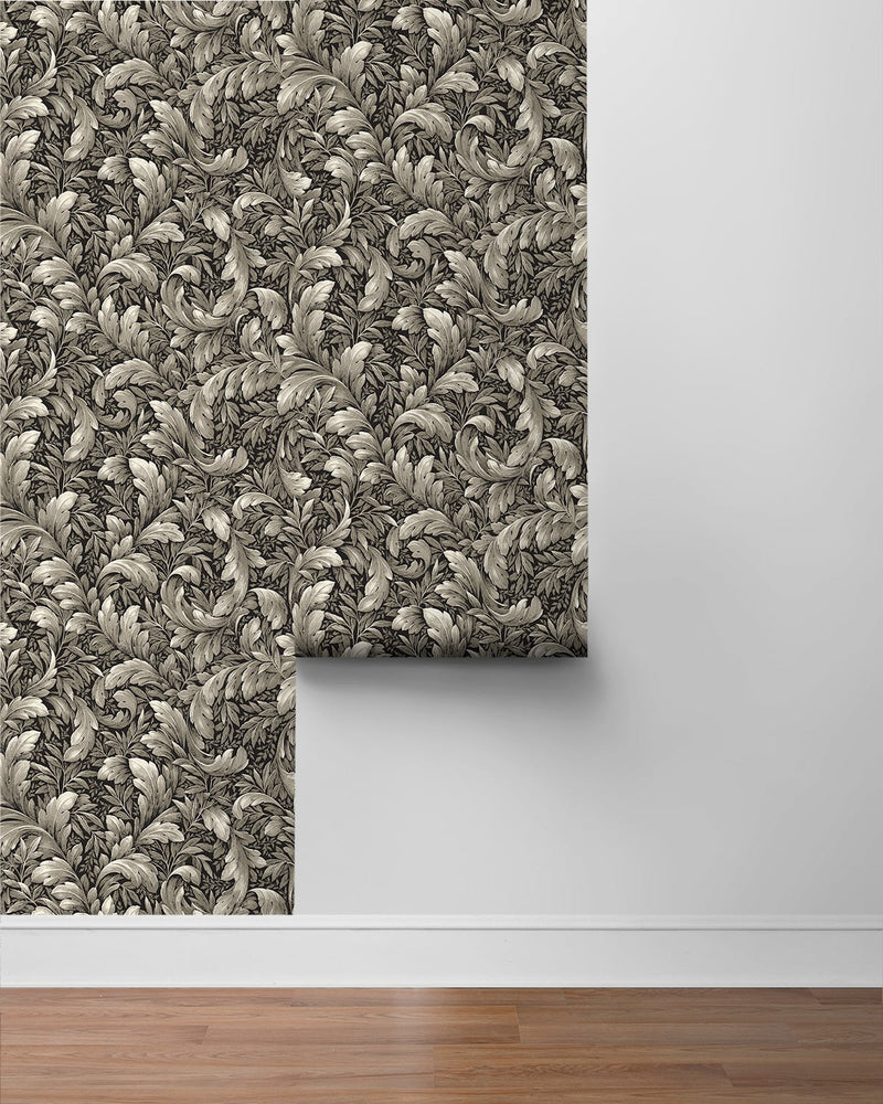 media image for Acanthus Trail Charcoal Peel-and-Stick Wallpaper by NextWall 291