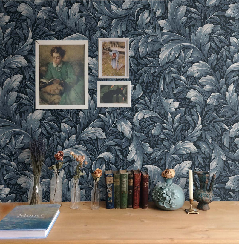 media image for Acanthus Trail Navy Blue Peel-and-Stick Wallpaper by NextWall 243