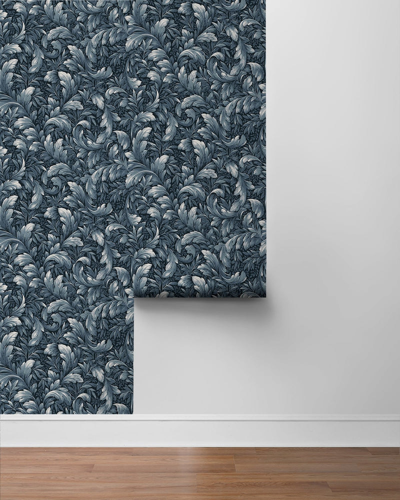 media image for Acanthus Trail Navy Blue Peel-and-Stick Wallpaper by NextWall 251