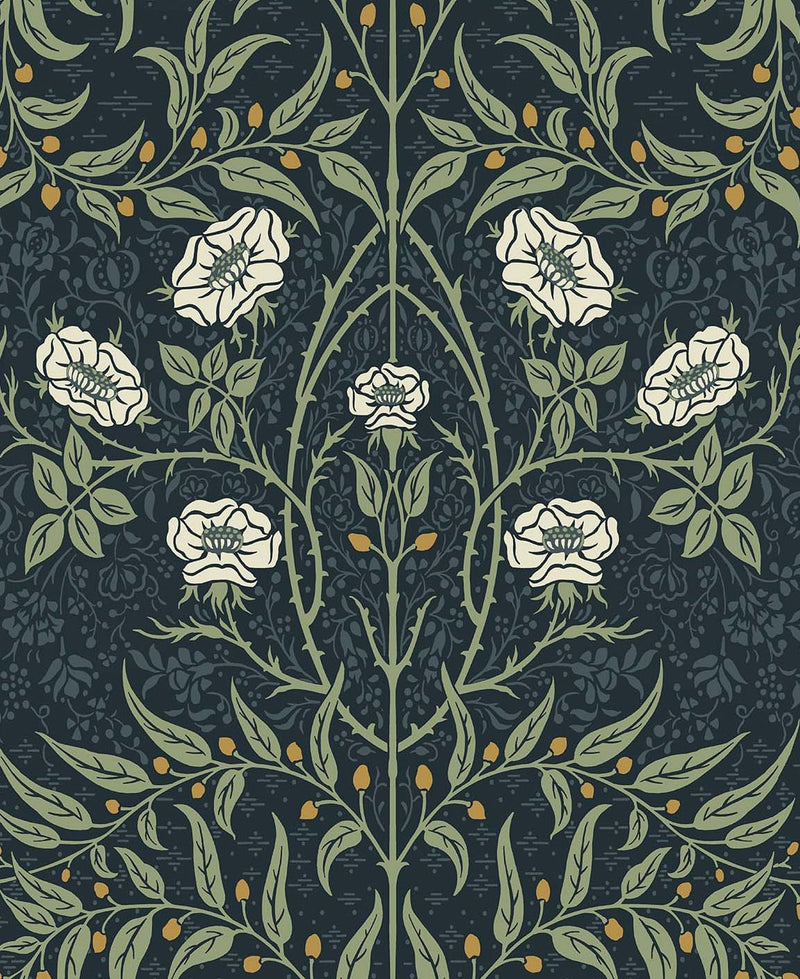 media image for sample stenciled floral navy and sage peel and stick wallpaper by nextwall 1 261