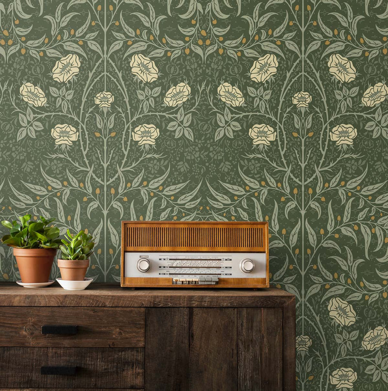 media image for Stenciled Floral Evergreen Peel-and-Stick Wallpaper by NextWall 292