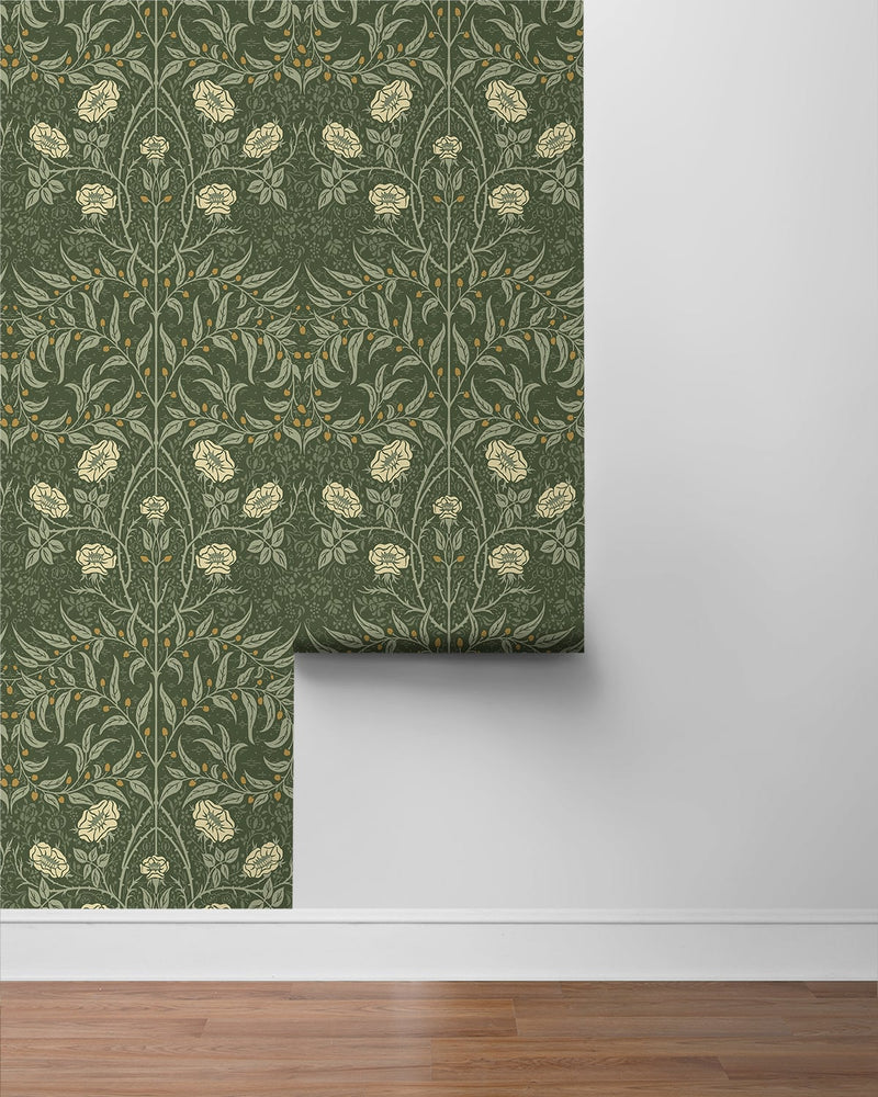 media image for Stenciled Floral Evergreen Peel-and-Stick Wallpaper by NextWall 216
