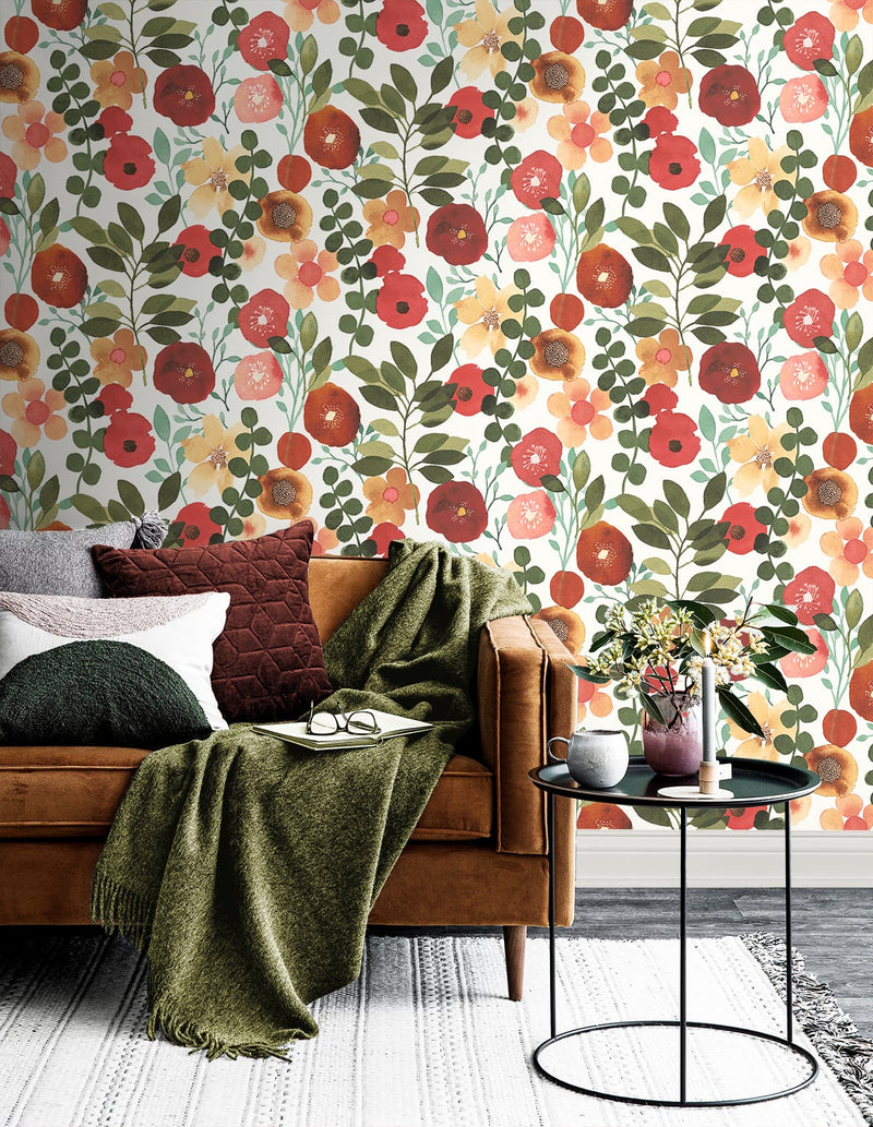 media image for Garden Dance Ruby & Hunter Green Peel-and-Stick Wallpaper by NextWall 243