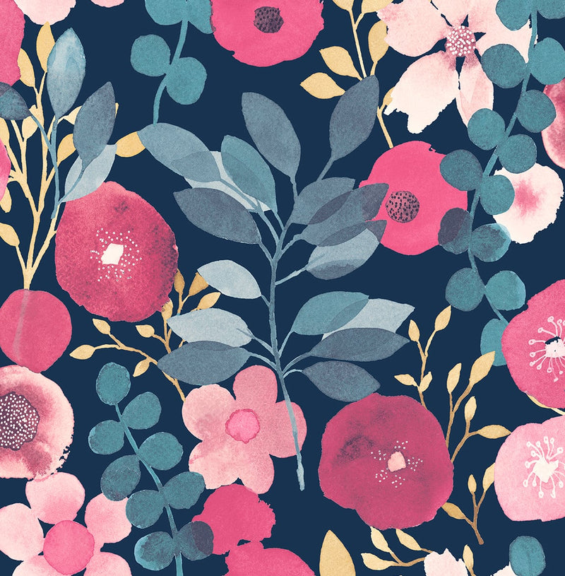 media image for sample garden dance navy and magenta peel and stick wallpaper by nextwall 1 262