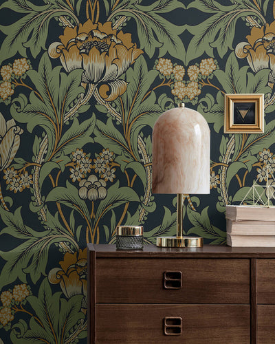 product image for Primrose Floral Peel & Stick Wallpaper in Midnight Blue & Goldenrod 21