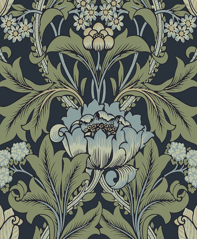 media image for Sample Primrose Floral Peel & Stick Wallpaper in Midnight Blue & Sage 287