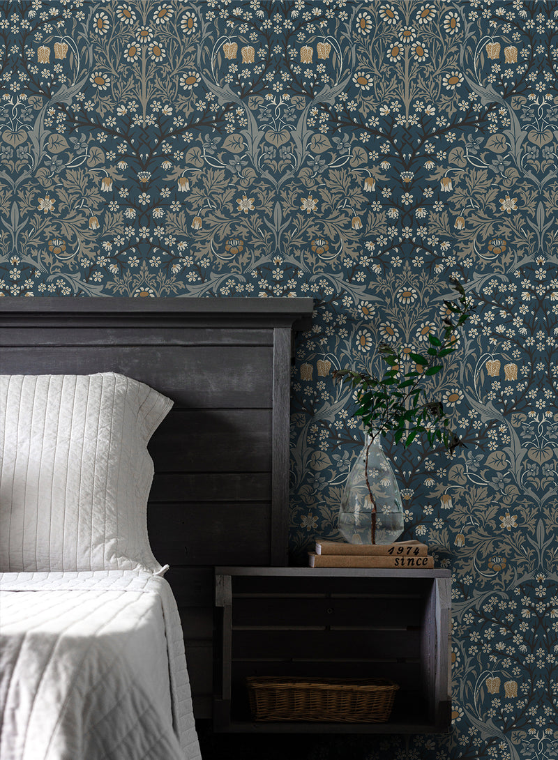 media image for Victorian Garden Peel-and-Stick Wallpaper in Aegean Blue & Warm Stone 248