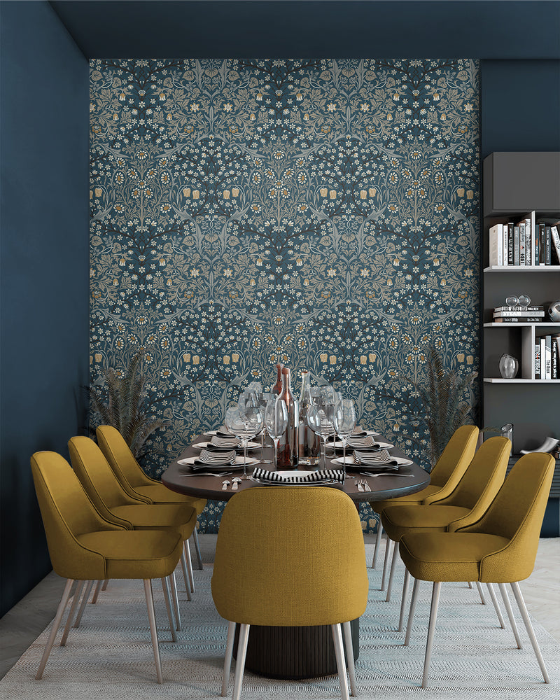 media image for Victorian Garden Peel-and-Stick Wallpaper in Aegean Blue & Warm Stone 283