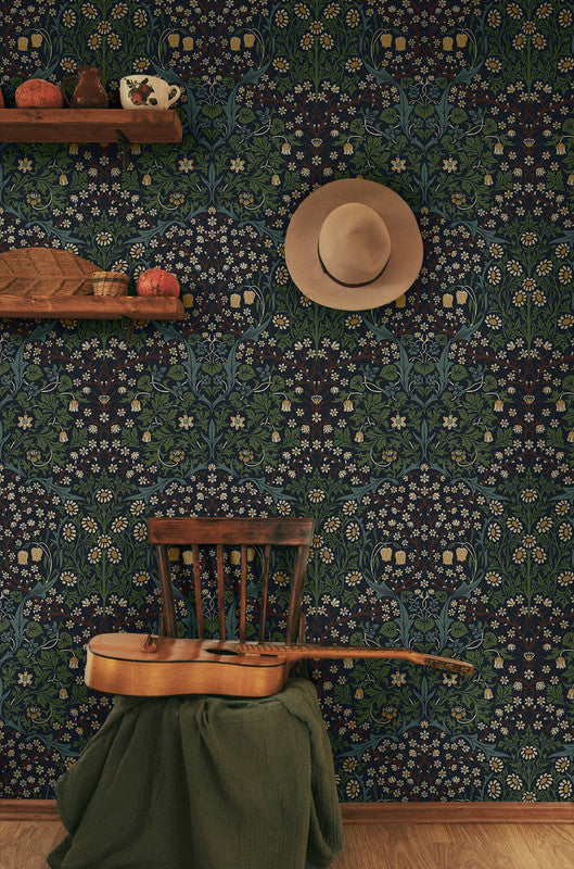 media image for Victorian Garden Peel & Stick Wallpaper in Midnight Blue & Evergreen 28
