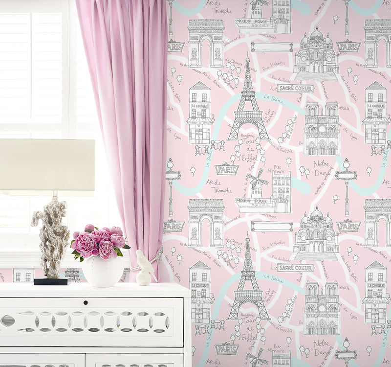 media image for Paris Scene Peel-and-Stick Wallpaper in Pale Pink 27