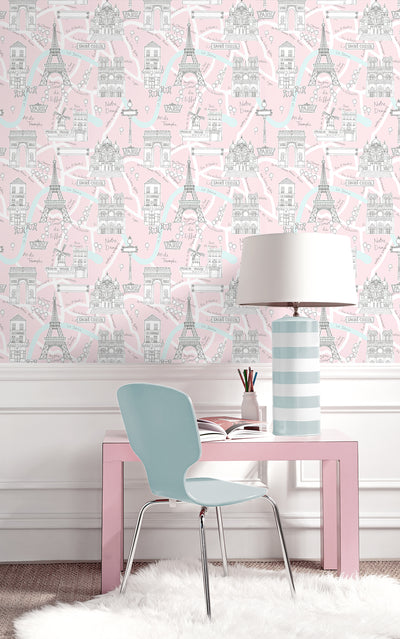 product image for Paris Scene Peel-and-Stick Wallpaper in Pale Pink 77
