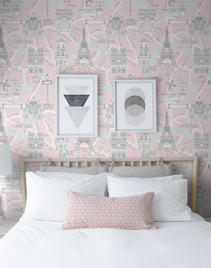 media image for Paris Scene Peel-and-Stick Wallpaper in Pale Pink 277