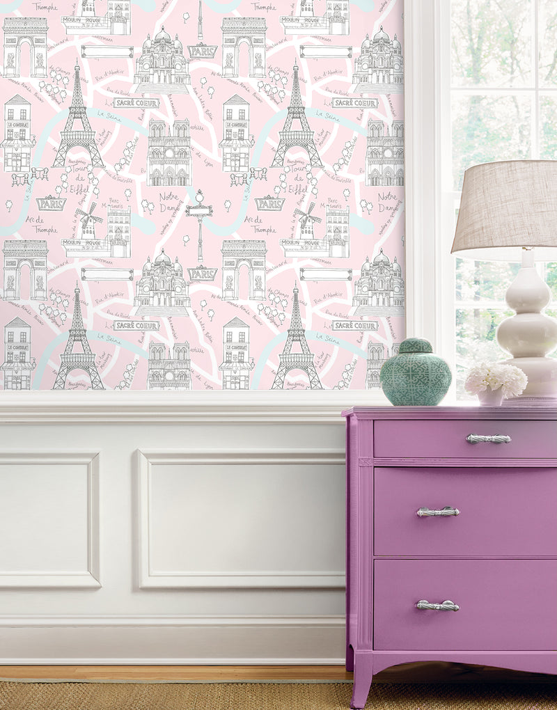 media image for Paris Scene Peel-and-Stick Wallpaper in Pale Pink 228