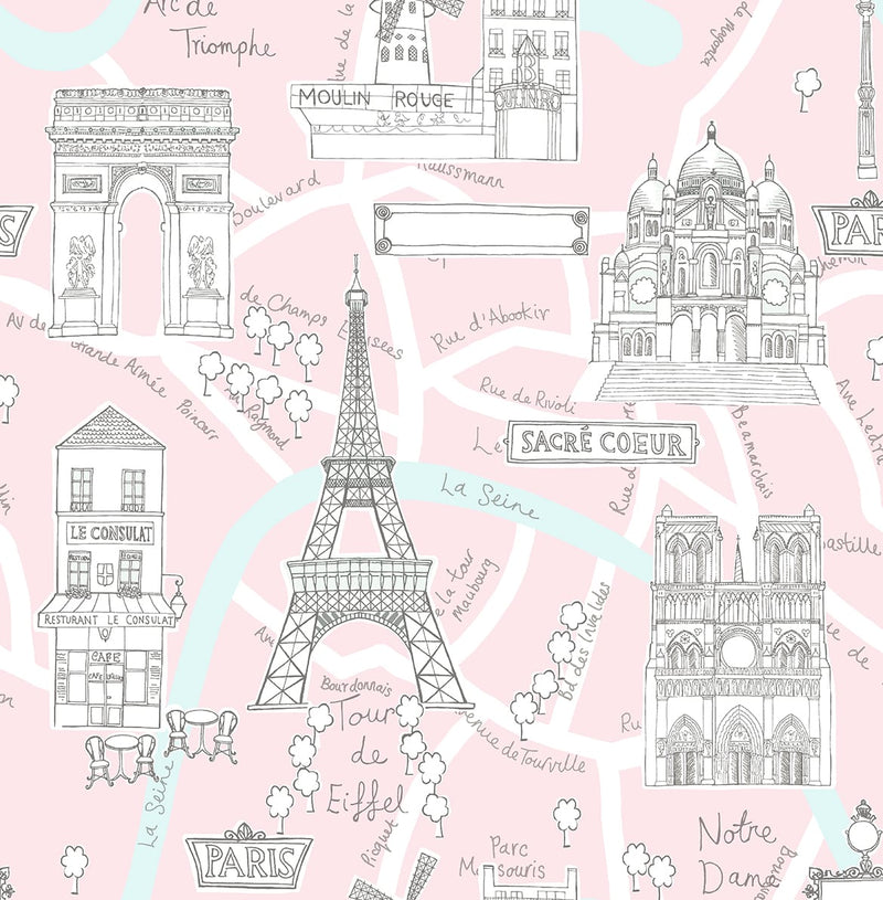 media image for Paris Scene Peel-and-Stick Wallpaper in Pale Pink 259