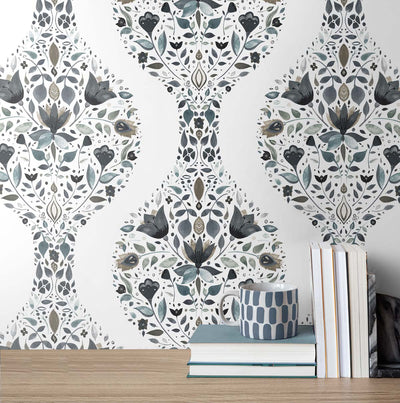 product image for Floral Ogee Peel-and-Stick Wallpaper in Steel & Rustic Taupe 2