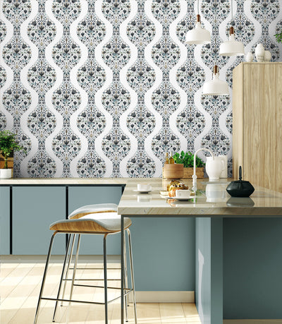 product image for Floral Ogee Peel-and-Stick Wallpaper in Steel & Rustic Taupe 20