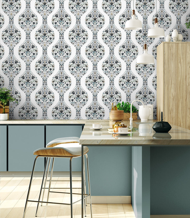 media image for Floral Ogee Peel-and-Stick Wallpaper in Steel & Rustic Taupe 210