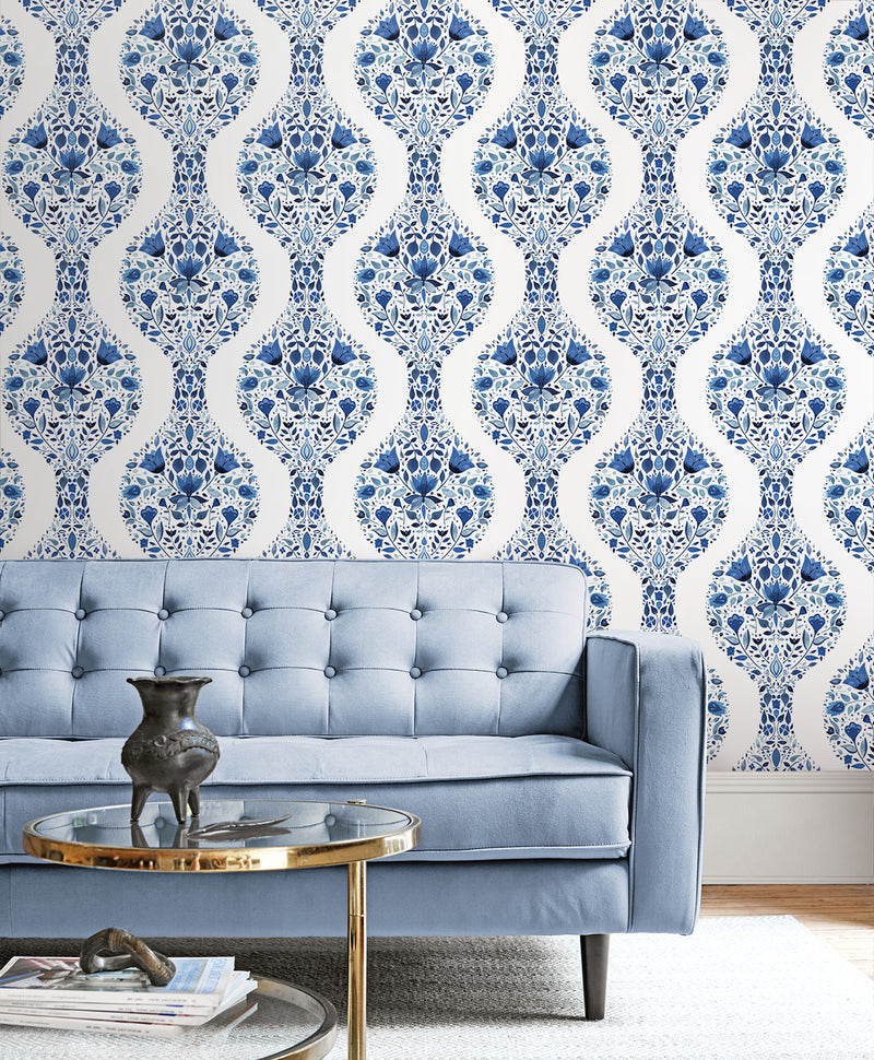 media image for Floral Ogee Peel-and-Stick Wallpaper in Bluestone 256
