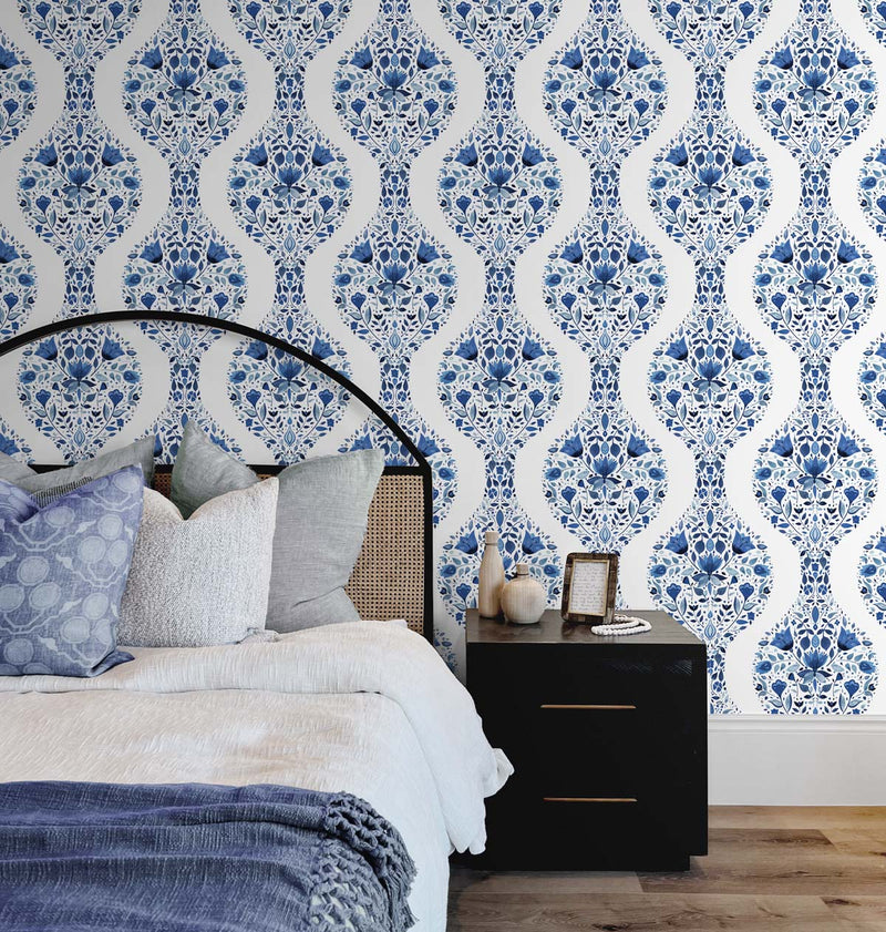 media image for Floral Ogee Peel-and-Stick Wallpaper in Bluestone 216