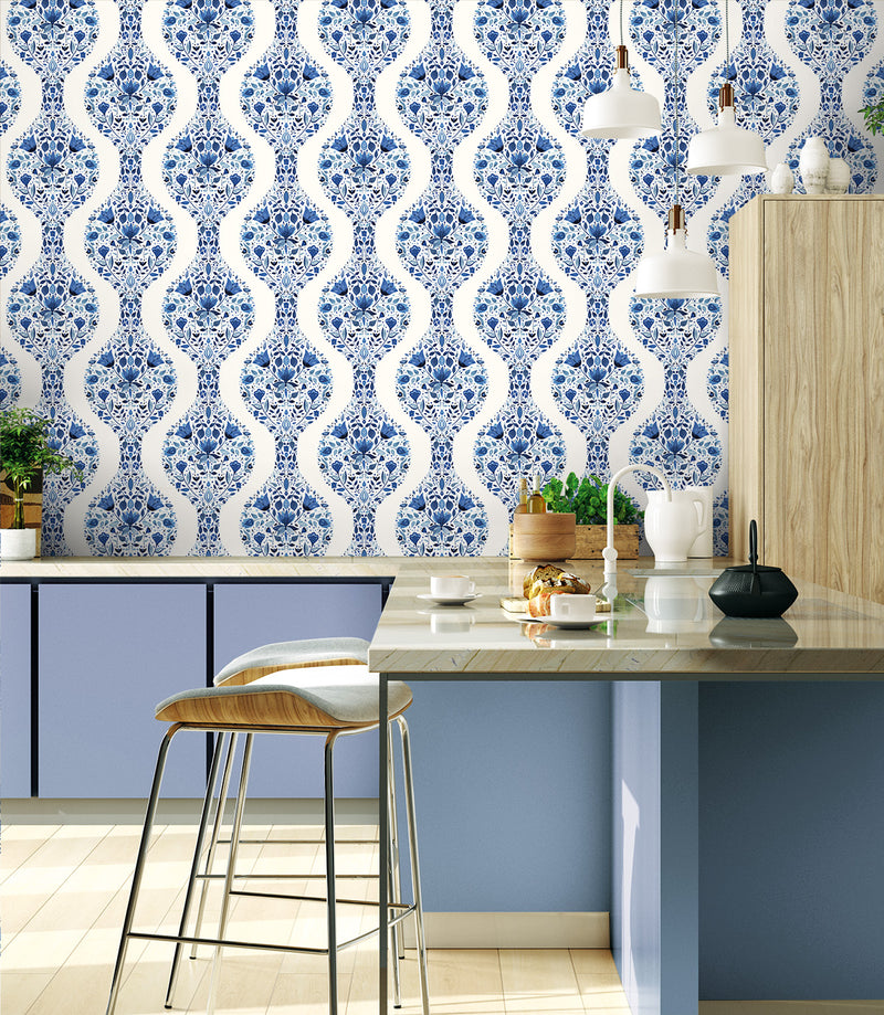 media image for Floral Ogee Peel-and-Stick Wallpaper in Bluestone 278