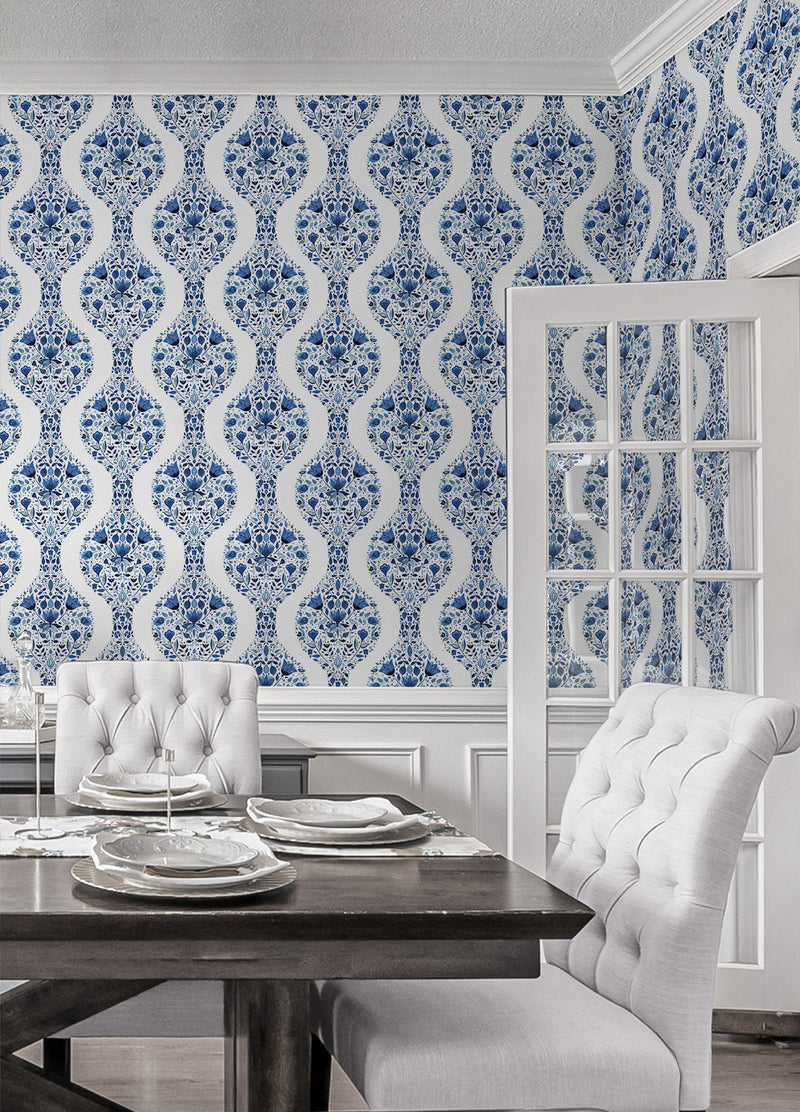 media image for Floral Ogee Peel-and-Stick Wallpaper in Bluestone 275