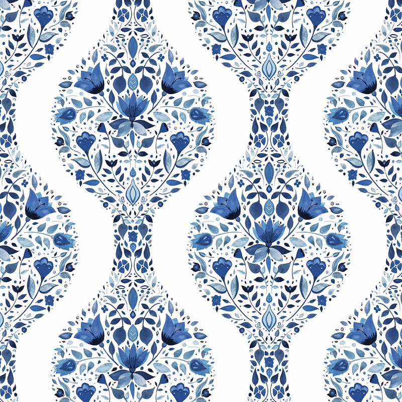media image for Floral Ogee Peel-and-Stick Wallpaper in Bluestone 282