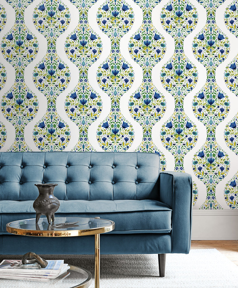 media image for Floral Ogee Peel-and-Stick Wallpaper in Cobalt & Spring Green 250