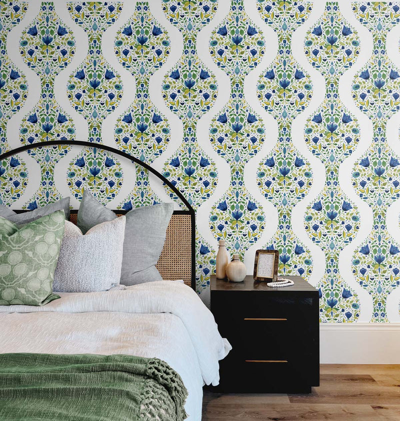 media image for Floral Ogee Peel-and-Stick Wallpaper in Cobalt & Spring Green 234