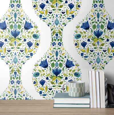 product image for Floral Ogee Peel-and-Stick Wallpaper in Cobalt & Spring Green 74