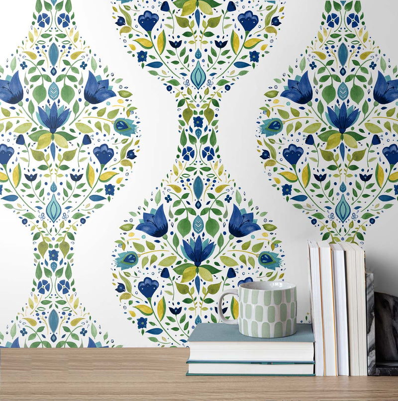 media image for Floral Ogee Peel-and-Stick Wallpaper in Cobalt & Spring Green 226