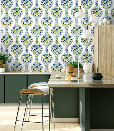 product image for Floral Ogee Peel-and-Stick Wallpaper in Cobalt & Spring Green 43