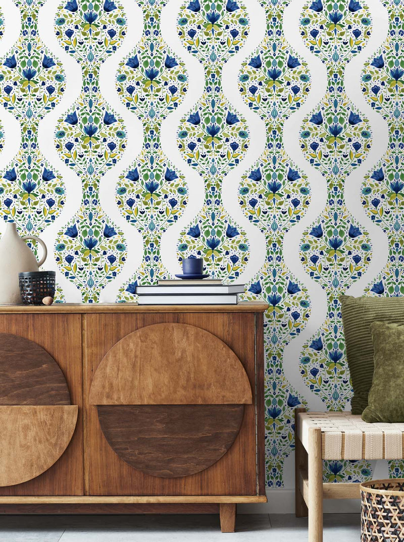media image for Floral Ogee Peel-and-Stick Wallpaper in Cobalt & Spring Green 283