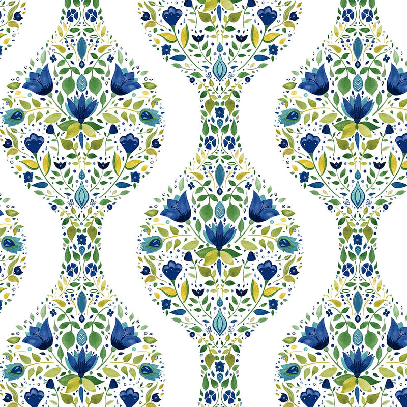 media image for Sample Floral Ogee Peel-and-Stick Wallpaper in Cobalt & Spring Green 231