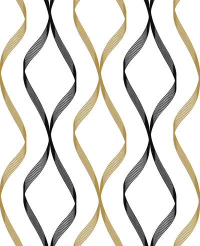 product image of Ogee Ribbon Peel-and-Stick Wallpaper in Metallic Gold & Ebony 563