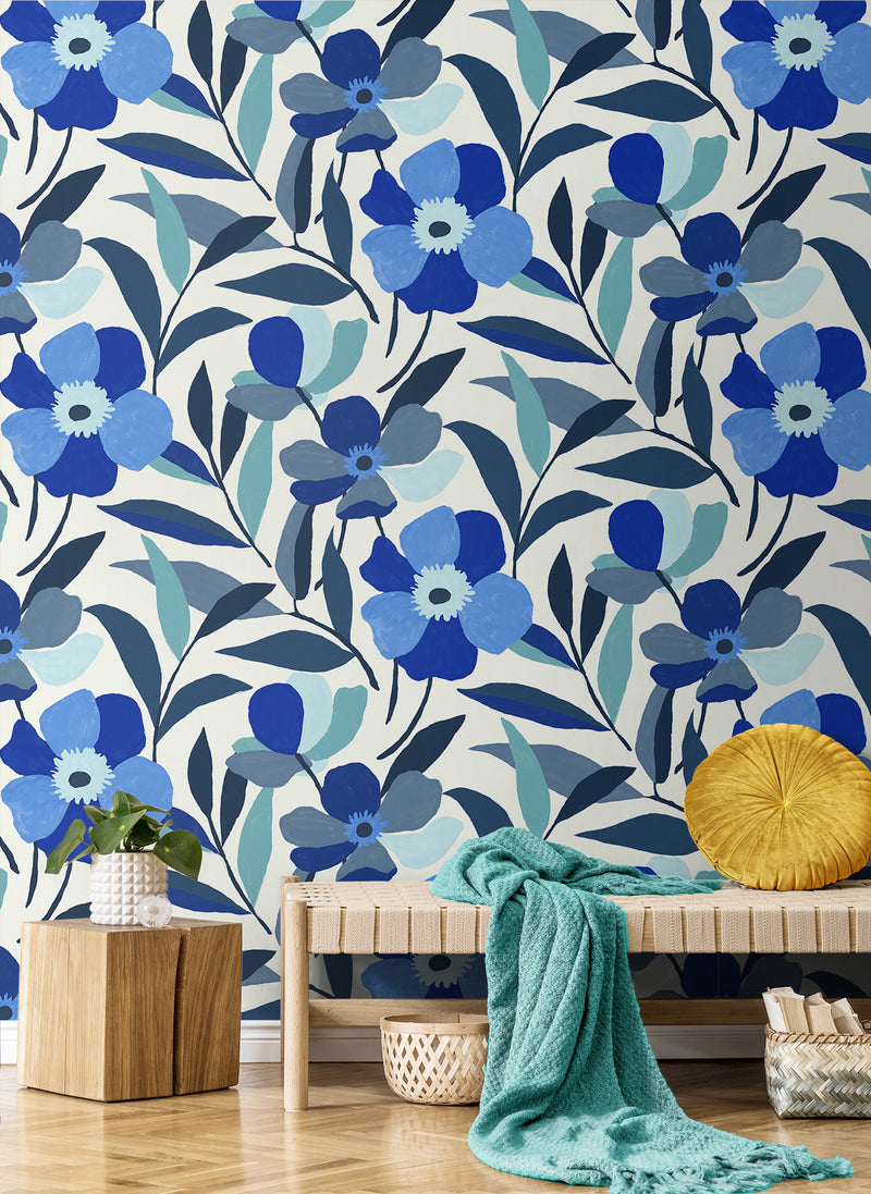 media image for Garden Block Floral Peel-and-Stick Wallpaper in Cobalt Blue & Lagoon 233