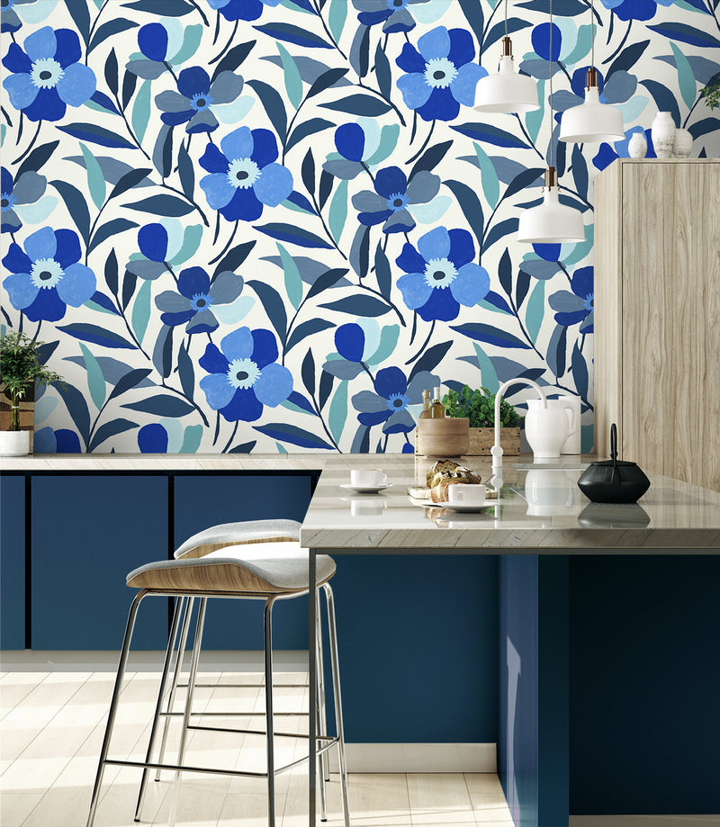 media image for Garden Block Floral Peel-and-Stick Wallpaper in Cobalt Blue & Lagoon 280