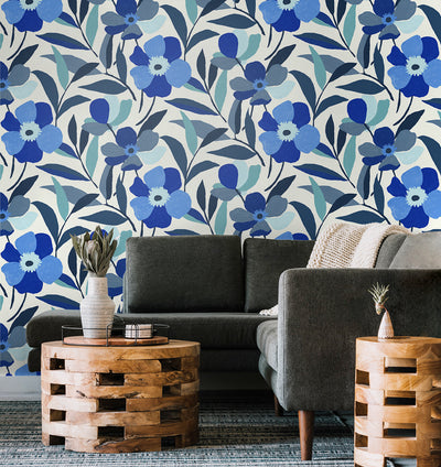 product image for Garden Block Floral Peel-and-Stick Wallpaper in Cobalt Blue & Lagoon 58