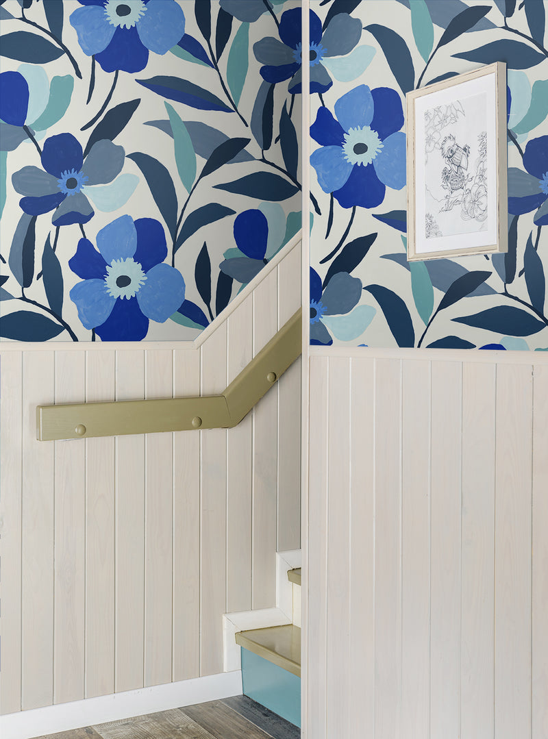 media image for Garden Block Floral Peel-and-Stick Wallpaper in Cobalt Blue & Lagoon 265