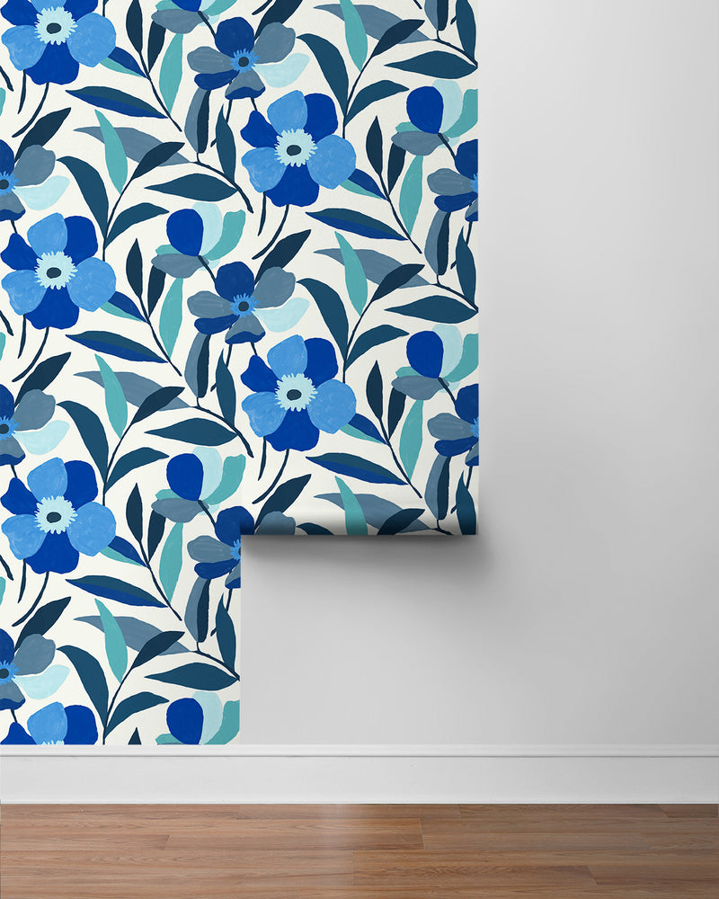 media image for Garden Block Floral Peel-and-Stick Wallpaper in Cobalt Blue & Lagoon 253