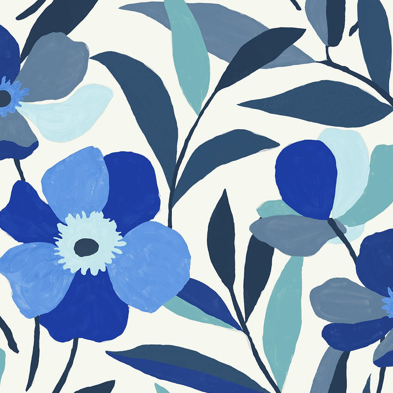 media image for Garden Block Floral Peel-and-Stick Wallpaper in Cobalt Blue & Lagoon 290