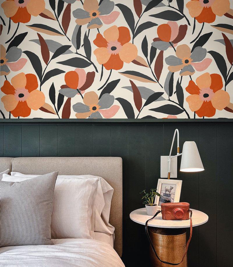 media image for Garden Block Floral Peel-and-Stick Wallpaper in Orange & Ebony 297