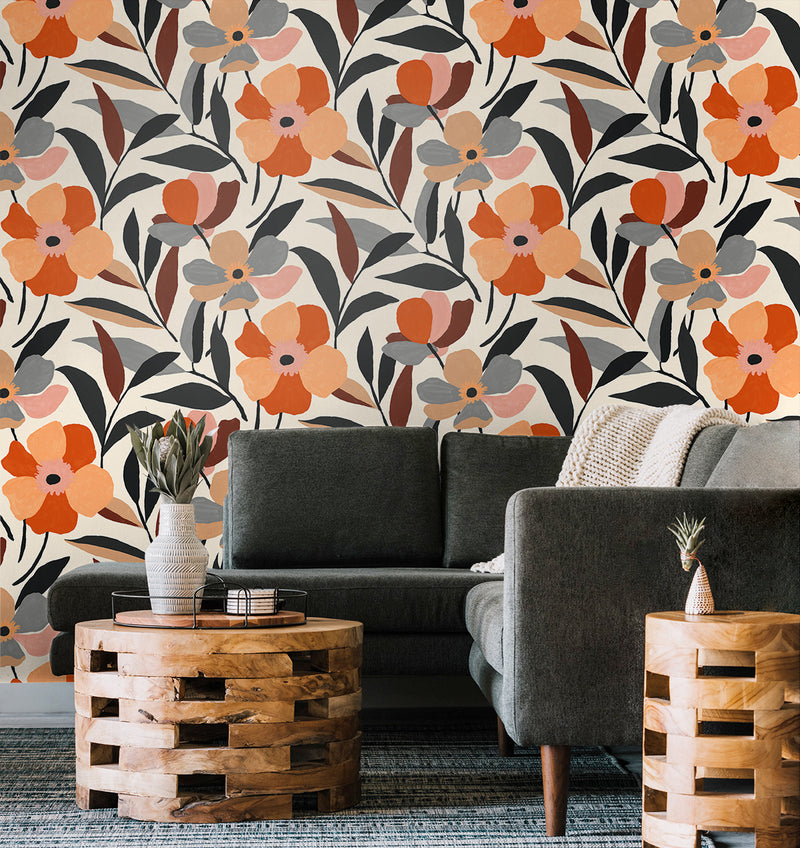 media image for Garden Block Floral Peel-and-Stick Wallpaper in Orange & Ebony 215