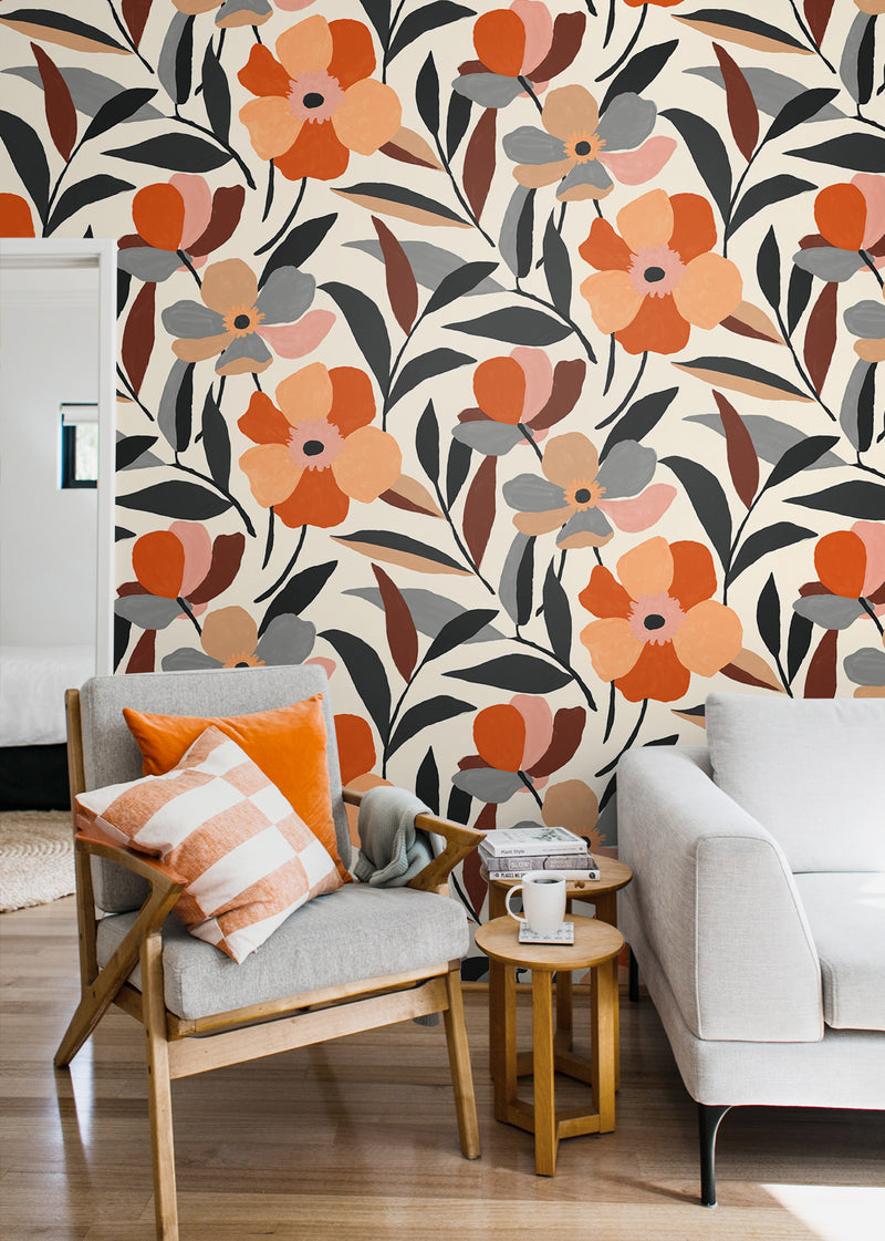media image for Garden Block Floral Peel-and-Stick Wallpaper in Orange & Ebony 218