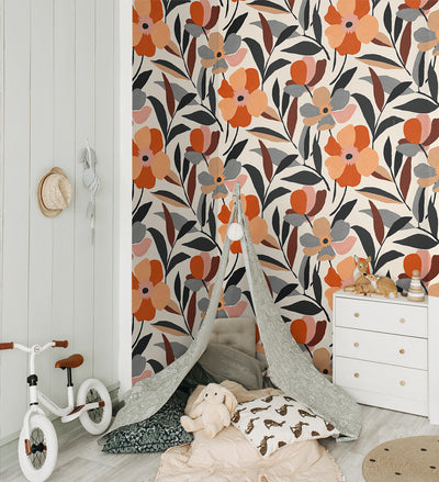 product image for Garden Block Floral Peel-and-Stick Wallpaper in Orange & Ebony 45